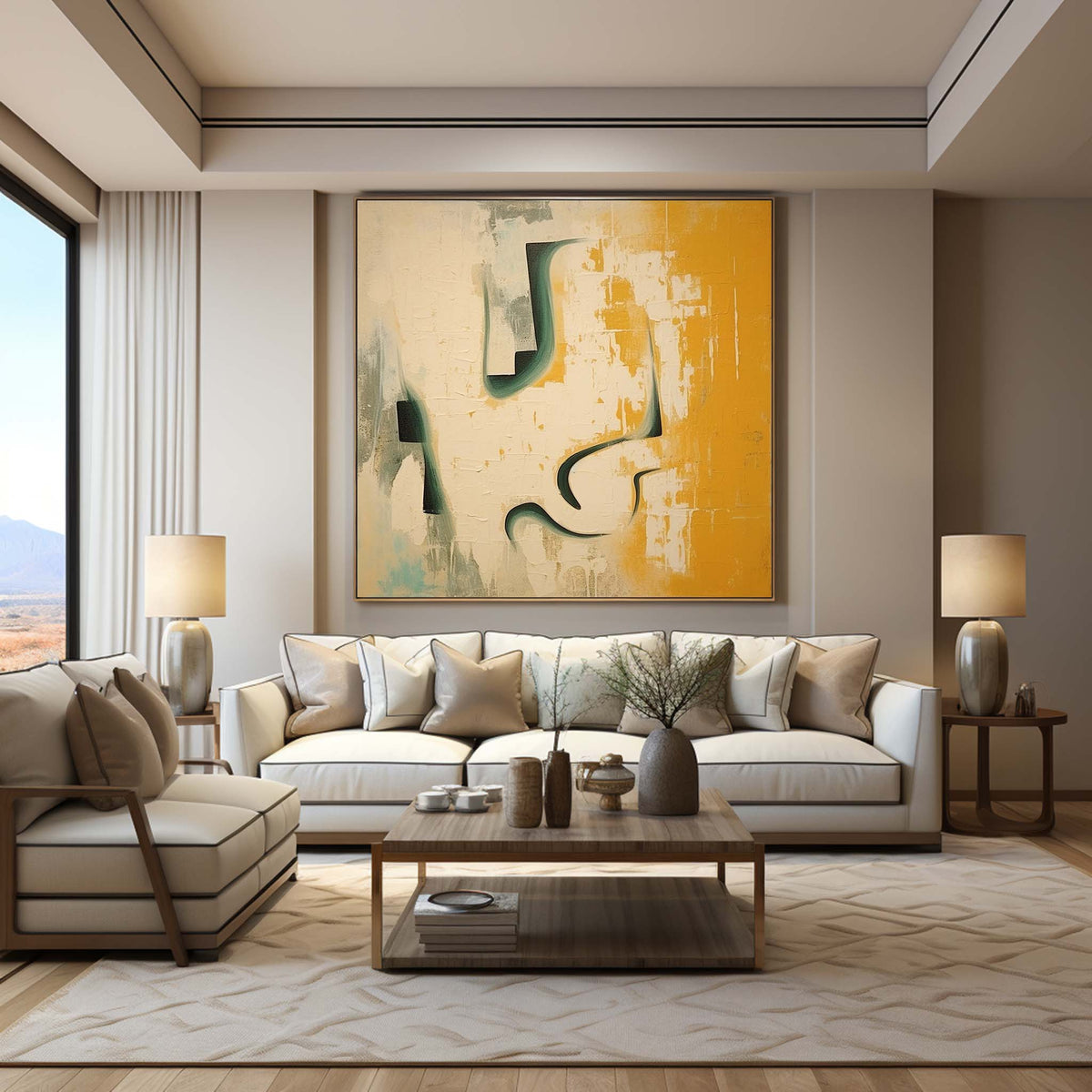 Mustard Yellow & Teal Abstract Oil Painting
