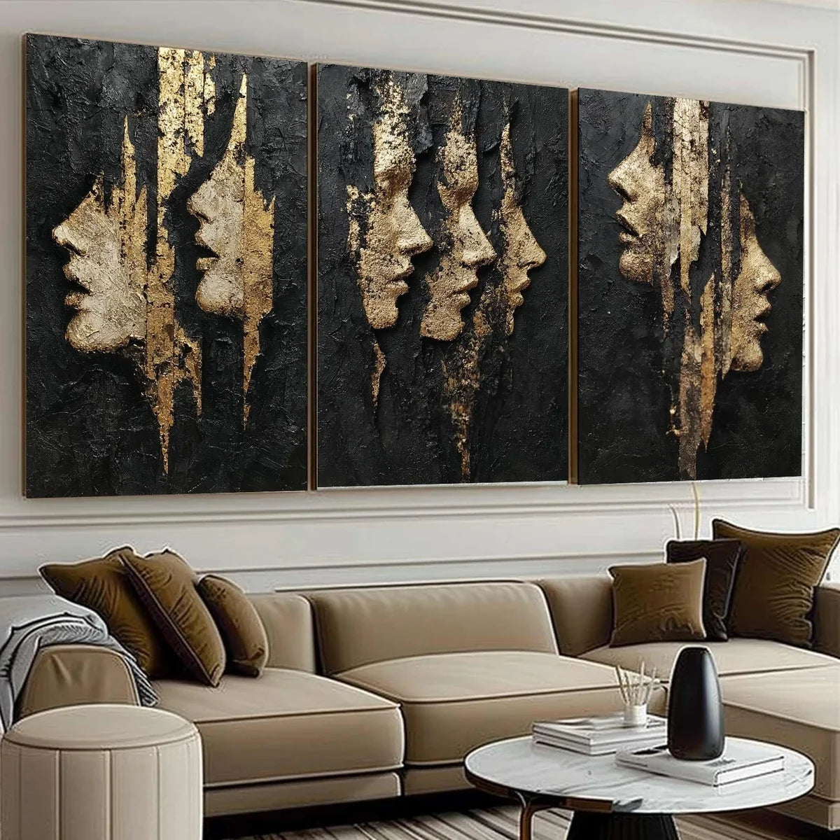 Black and Gold Abstract Faces Triptych Painting