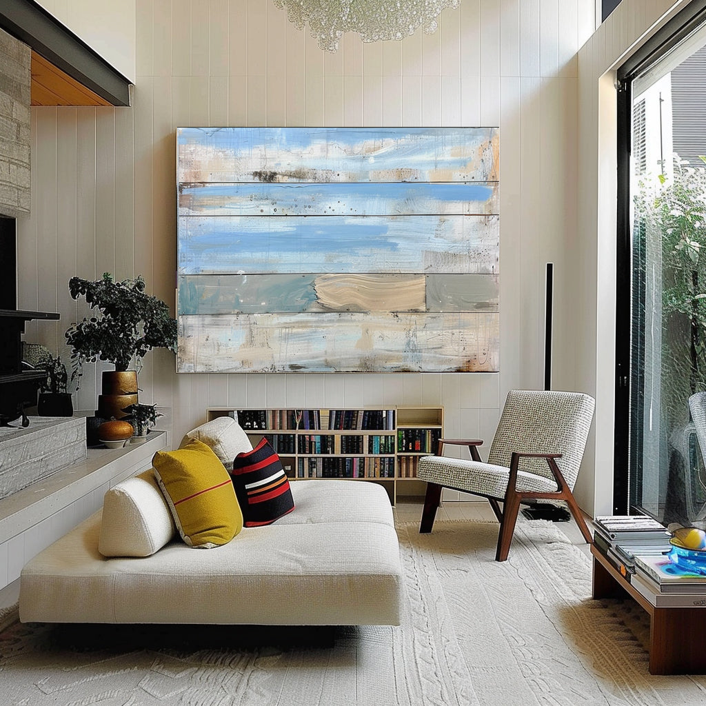 Layered Coastal Wood Panel Art Soft Blue & Neutral