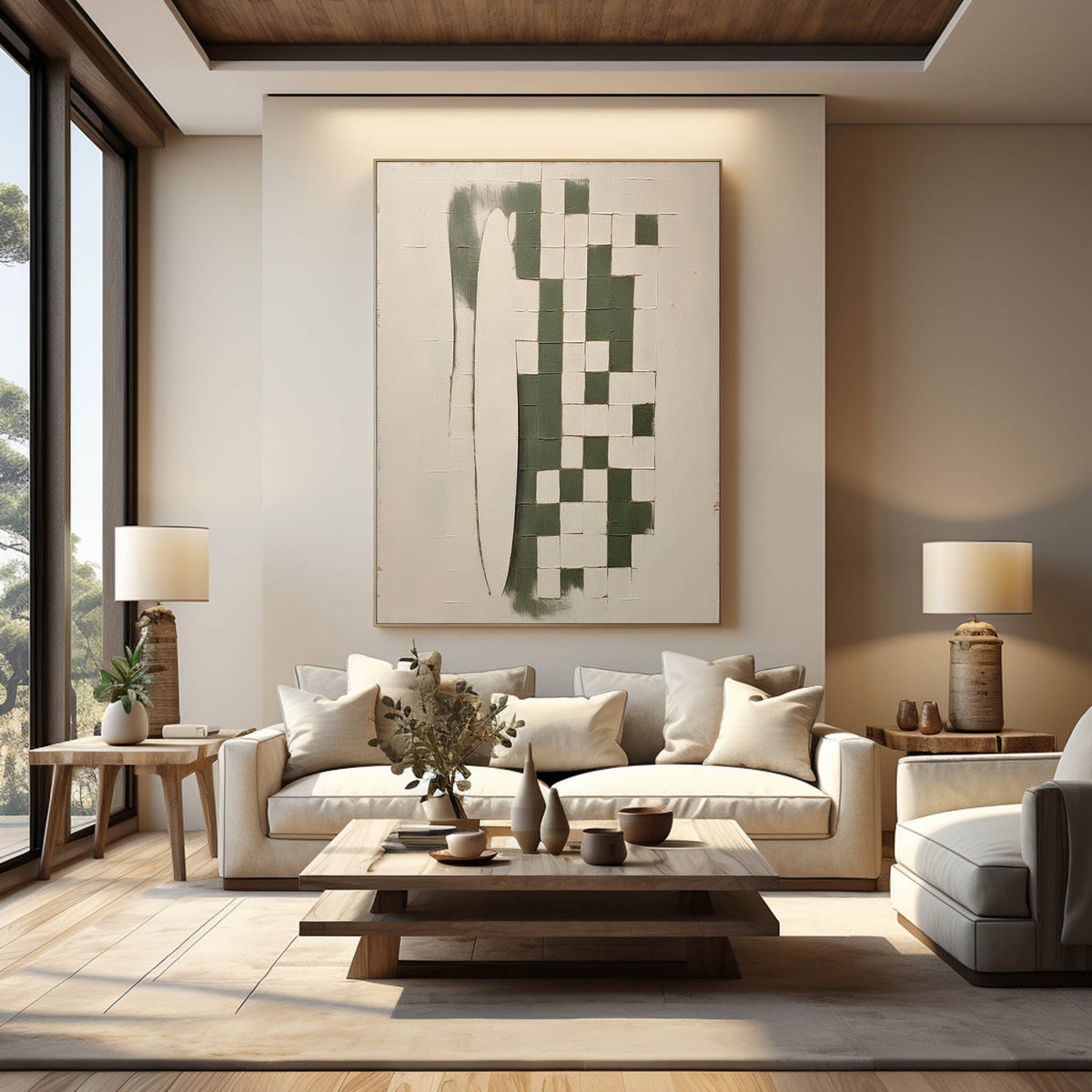 Emerald Green Checkered Abstract Painting