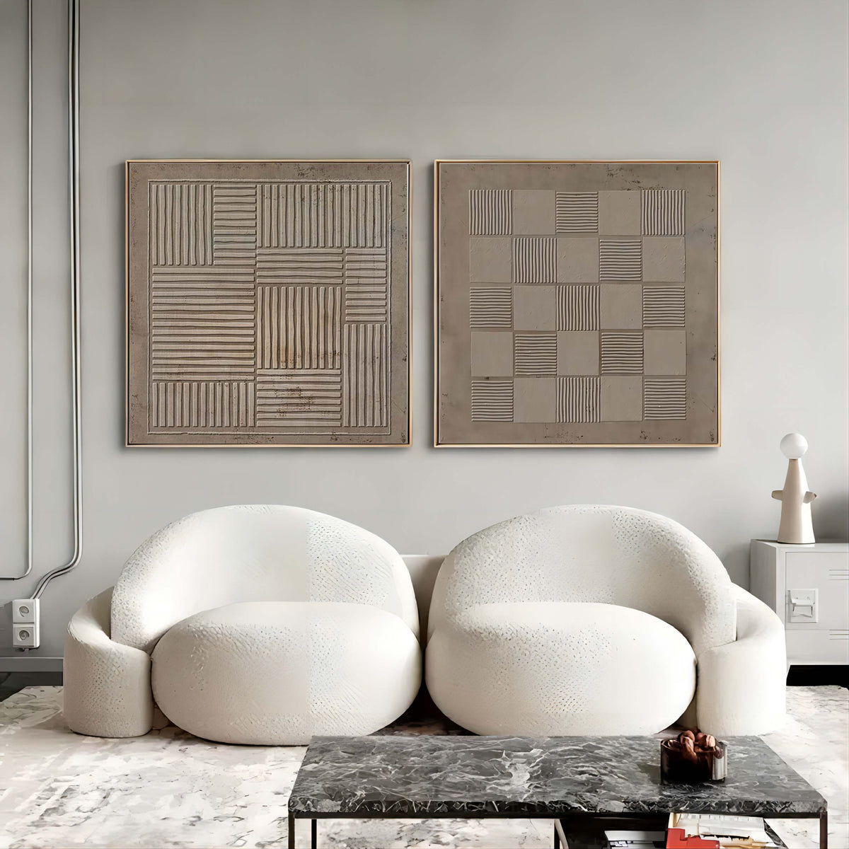 Wall Art Taupe Geometric Grid Checkerboard
