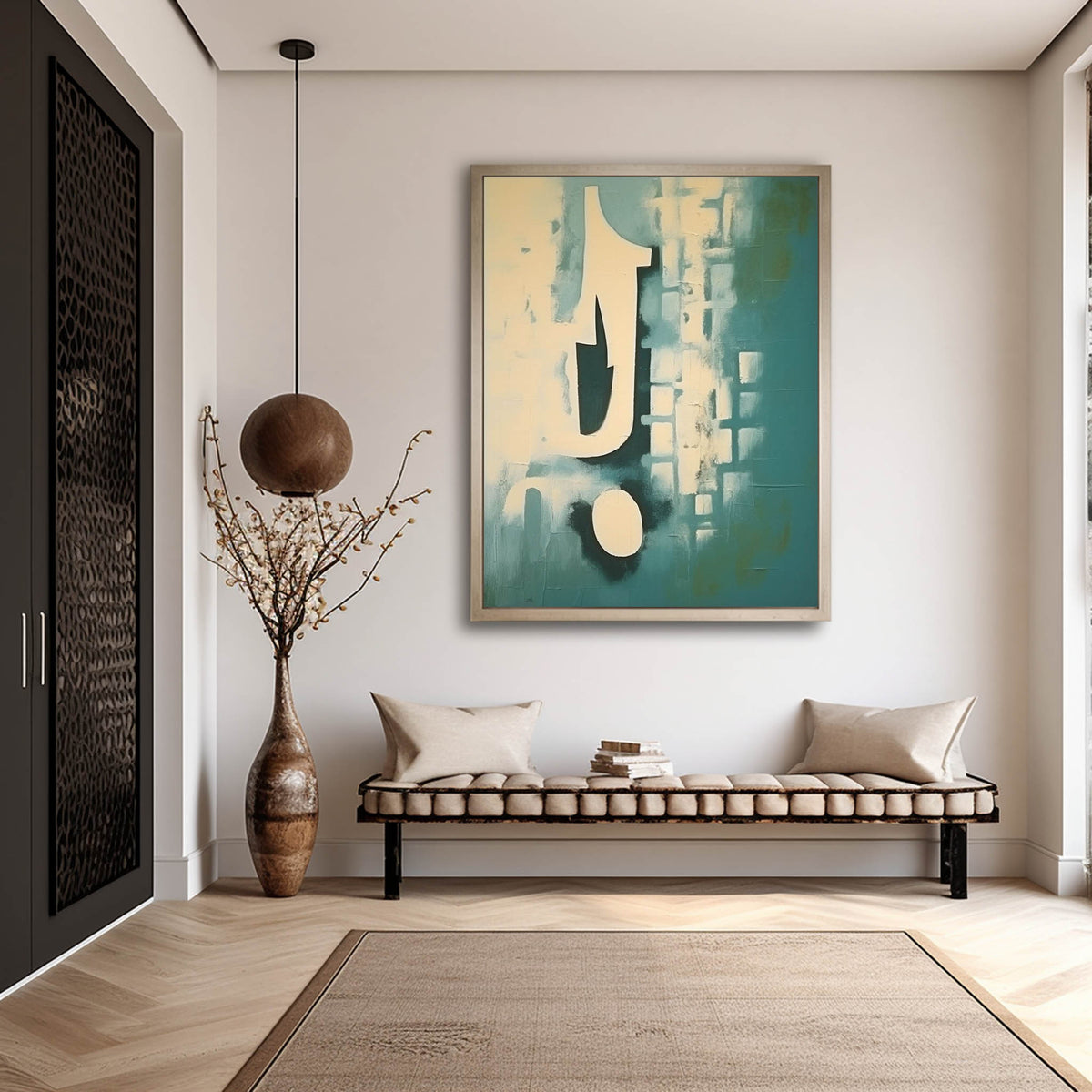 Teal Blue Abstract Geometric Textured Wall Art