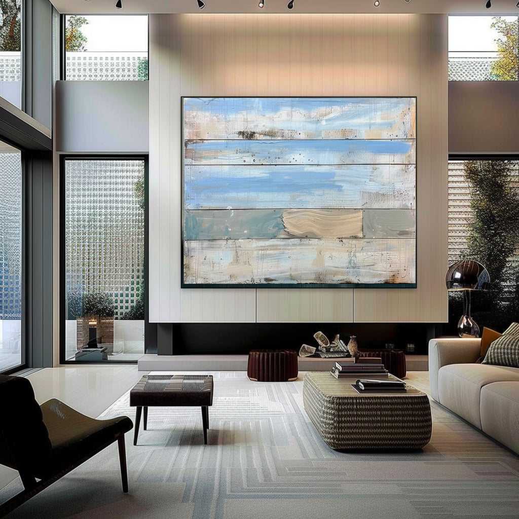 Layered Coastal Wood Panel Art Soft Blue & Neutral