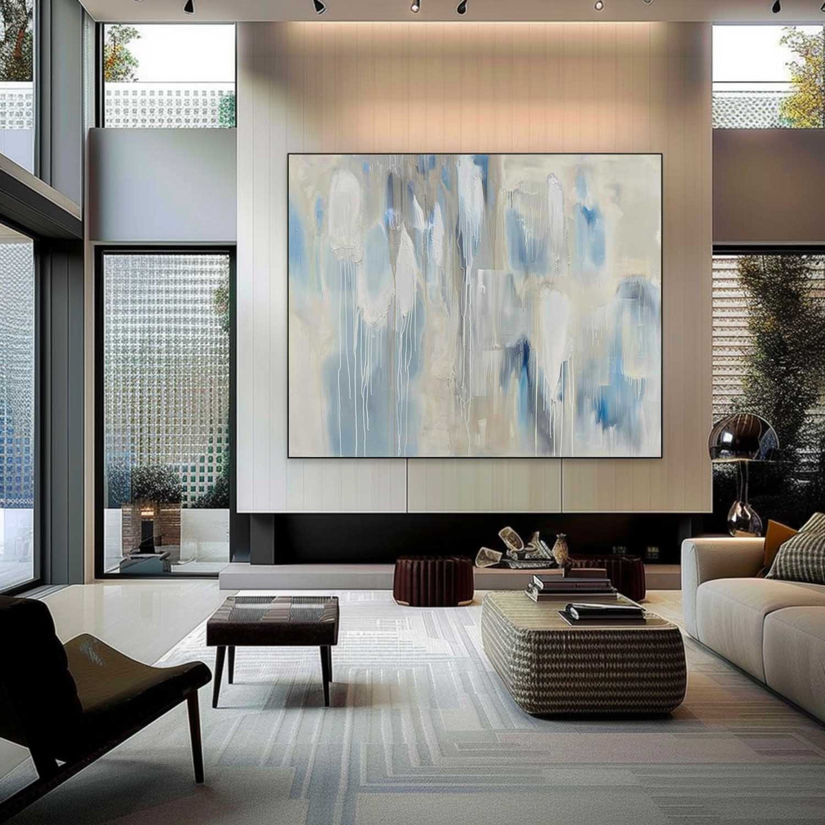 Wall Art Impressionist Blue Beige Dripping Abstract