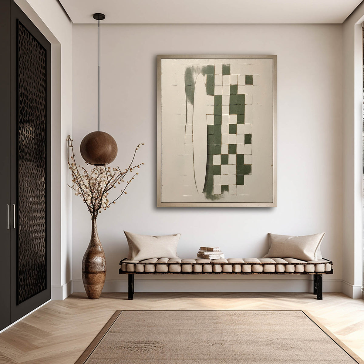 Emerald Green Checkered Abstract Painting