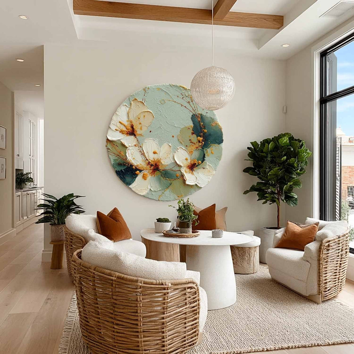 Wall Art Round White Floral Gold Accents