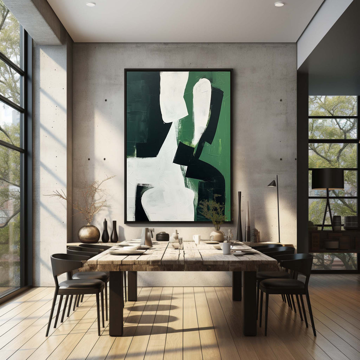 Bold Geometric Oil Painting Textured Dark Green