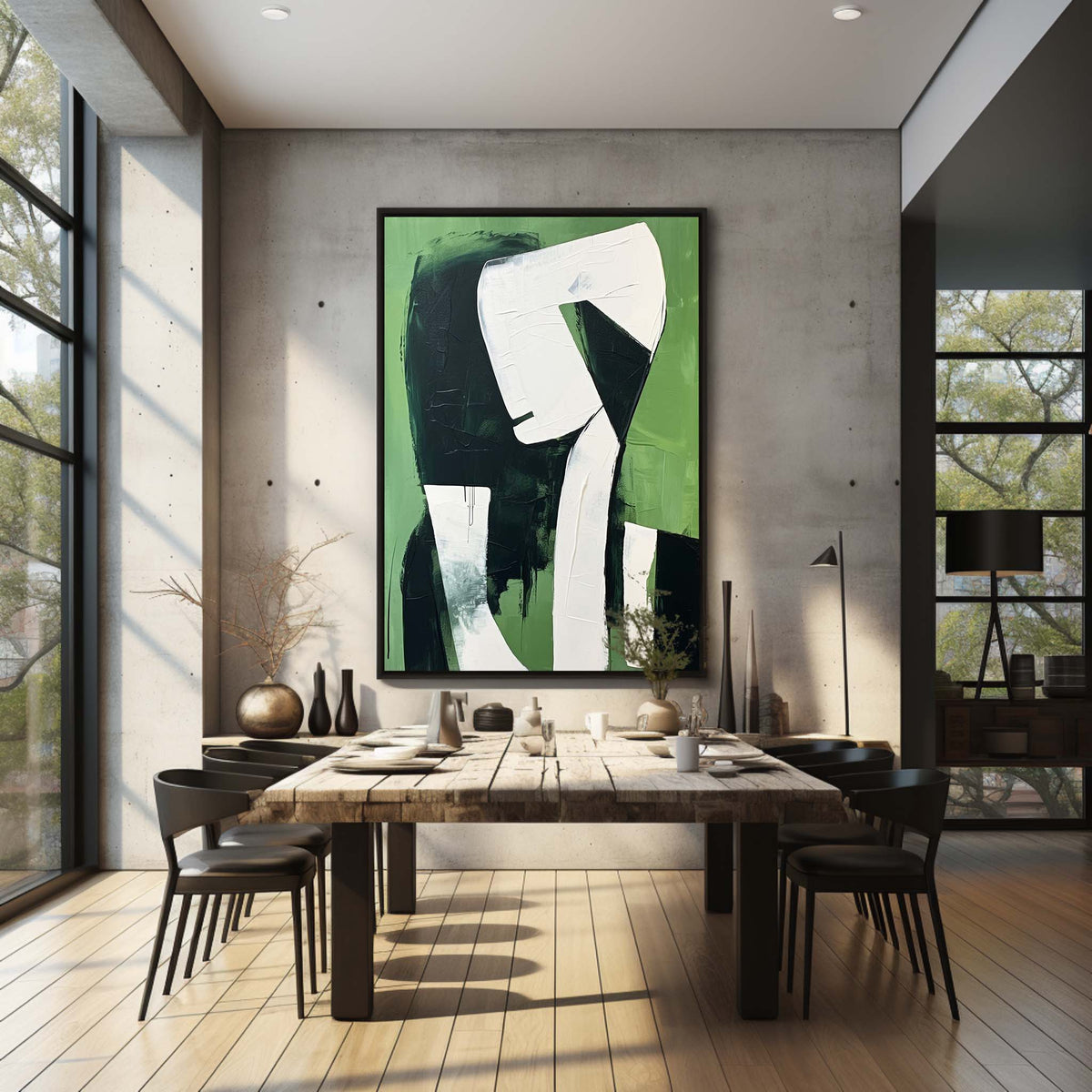 Dark Green Black White Abstract Figure Wall Art