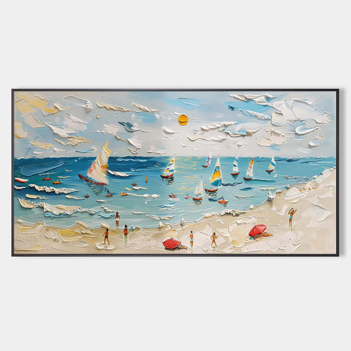 Tactile Coastal Beach Oil Painting Sailboats Bright