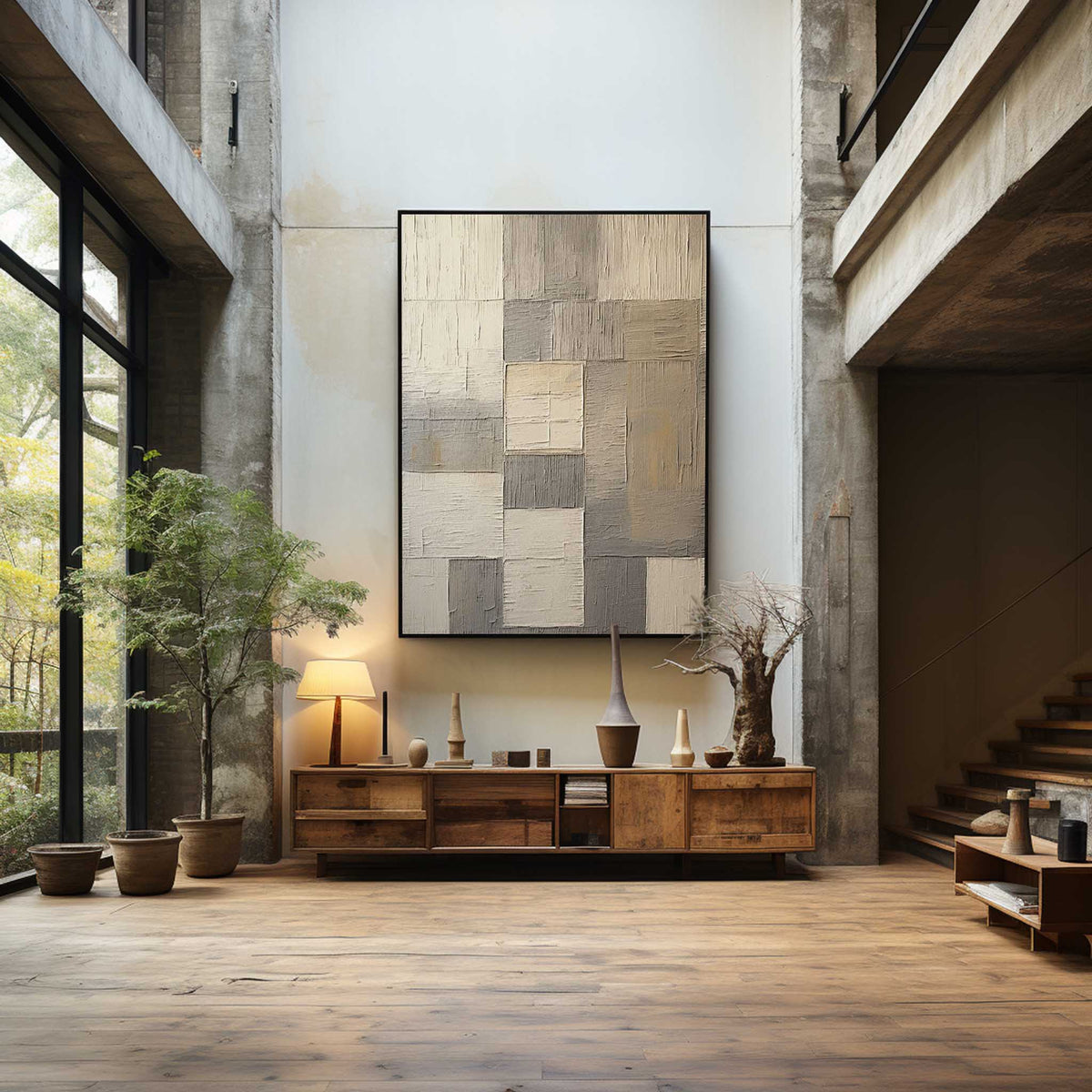 Neutral Geometric Abstract Bas-Relief Painting