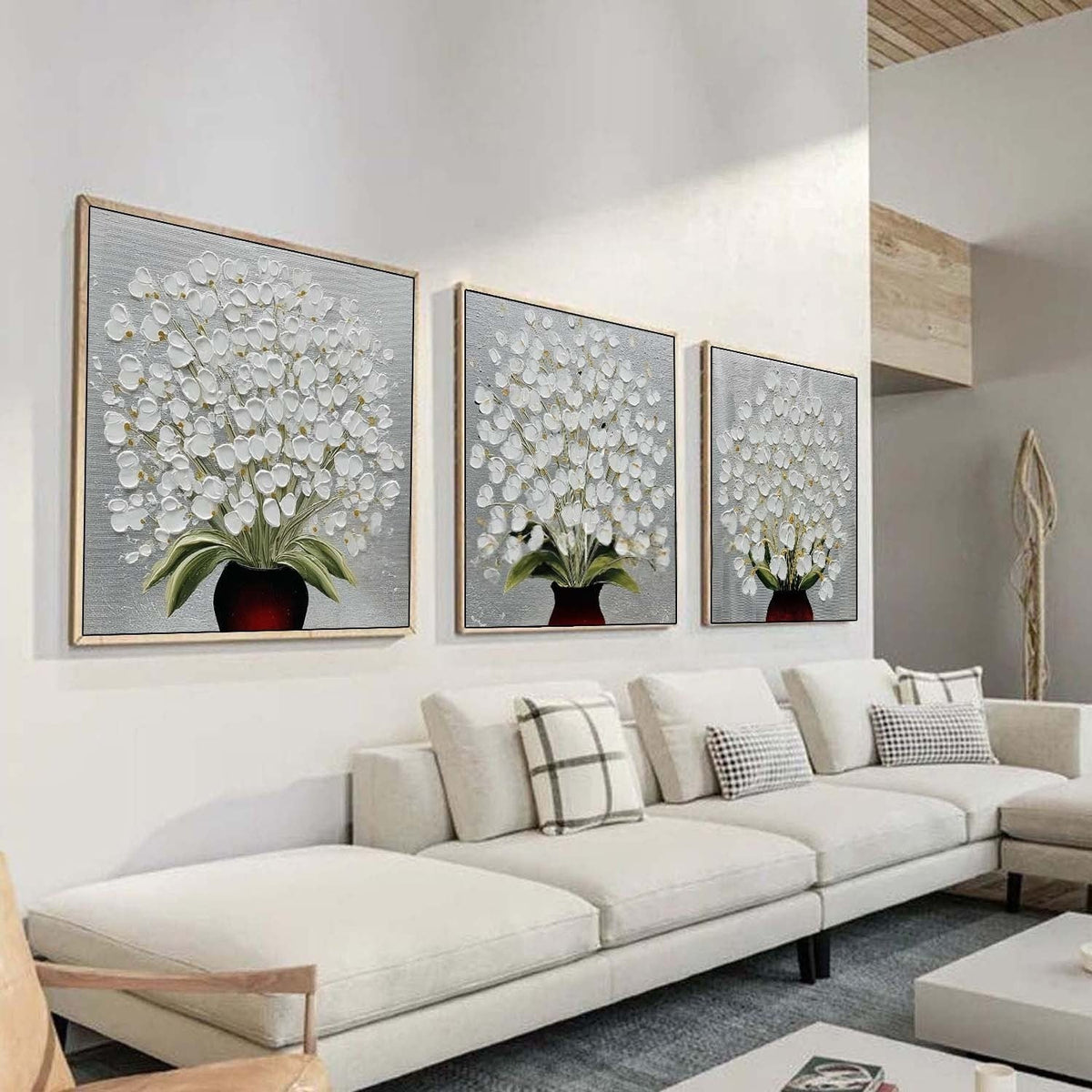 White Floral Triptych 3D Impasto Painting Set Of 3 - Neutralighting