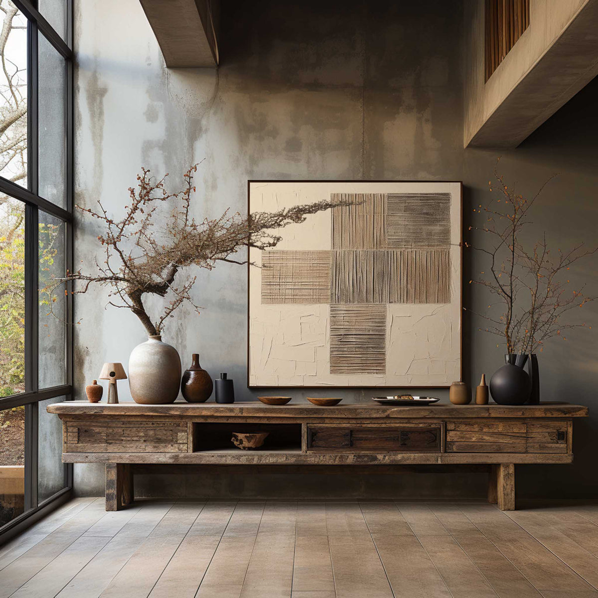 Wabi-Sabi Neutral Toned Textured Grid Panel Oil Painting