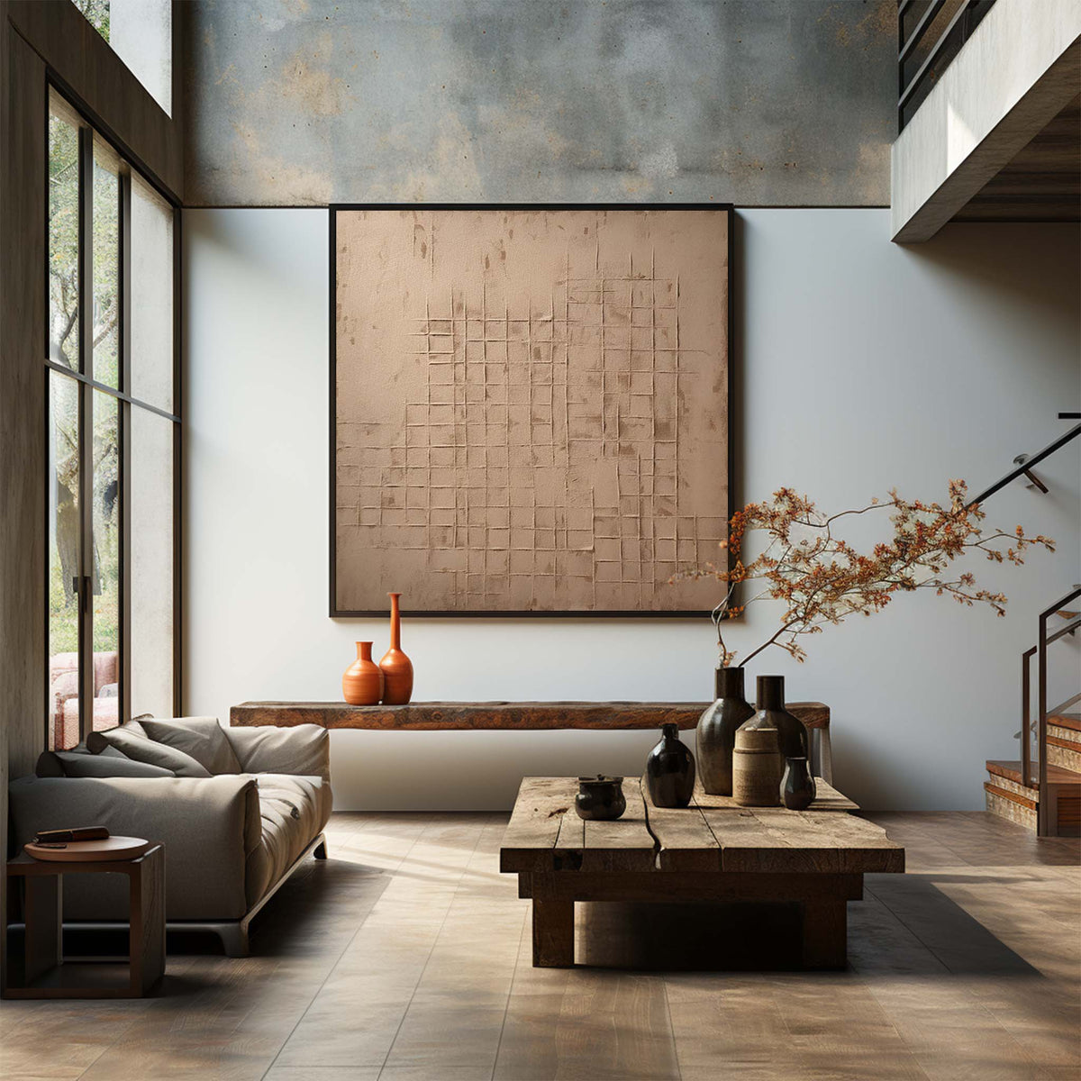 Wall Art Beige Grid Plaster Relief Canvas