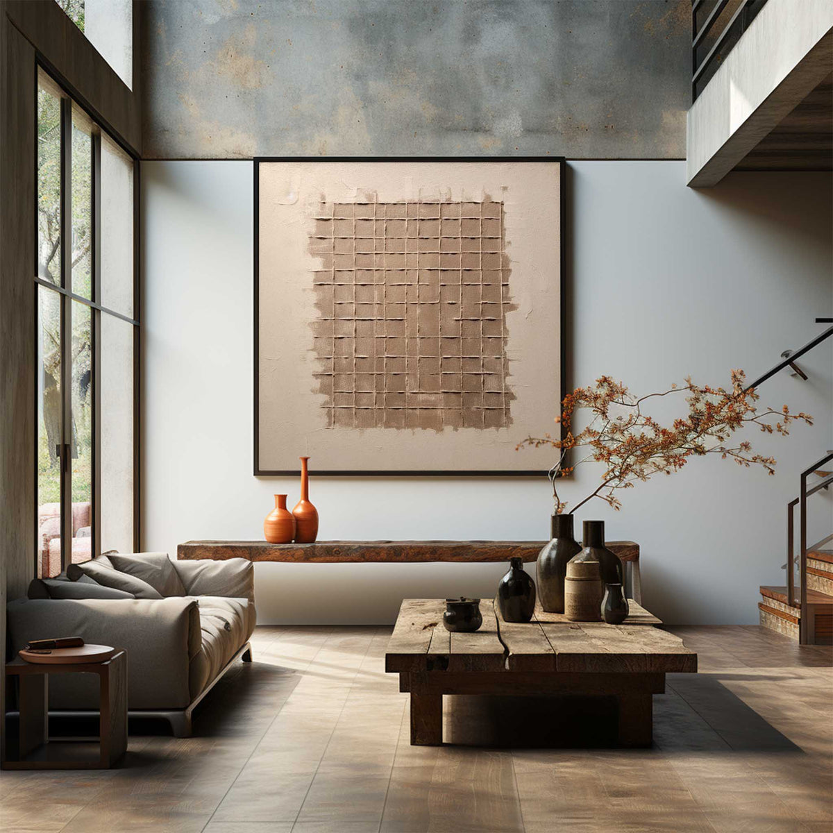 Wabi-Sabi Grid Texture Bas-Relief Painting