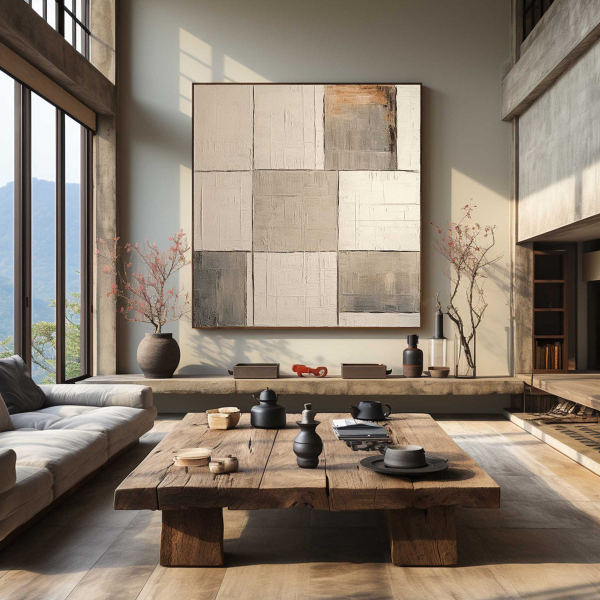 Wabi-Sabi Neutral Toned Textured Grid Block Oil Painting