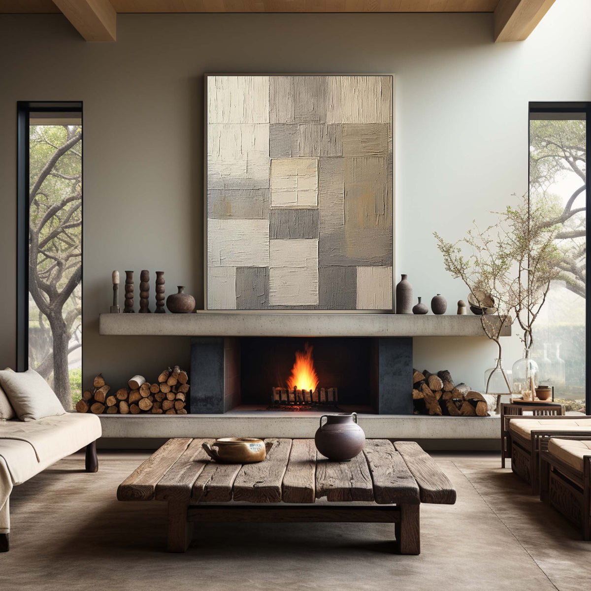 Neutral Geometric Abstract Bas-Relief Painting