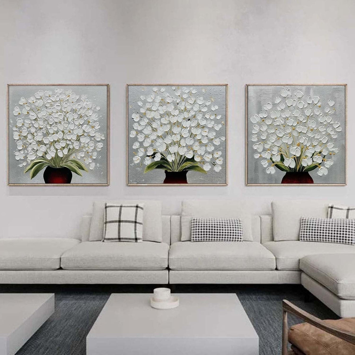 White Floral Triptych 3D Impasto Painting Set Of 3 - Neutralighting