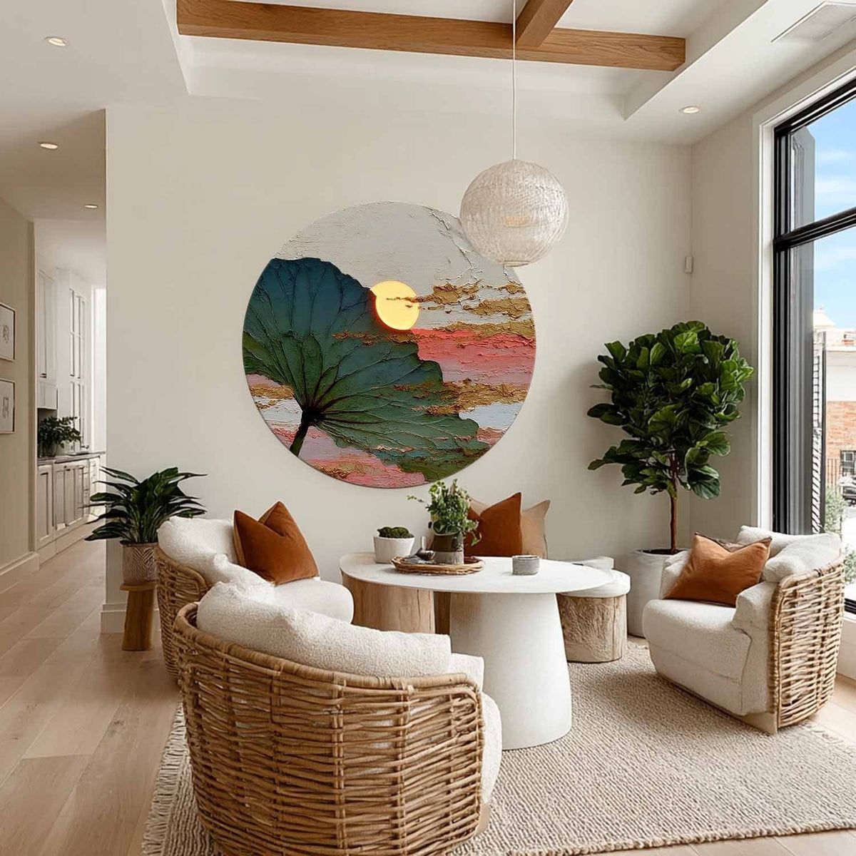 Wall Art Round Single Leaf Pink Sunset