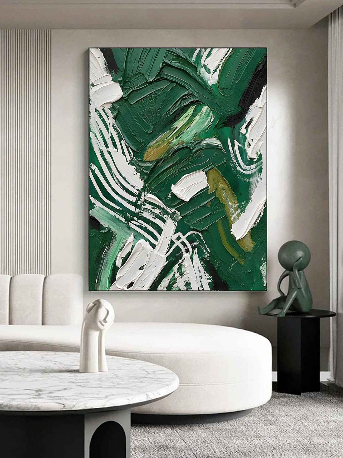 Colorful Dark Green And White Impasto Painting