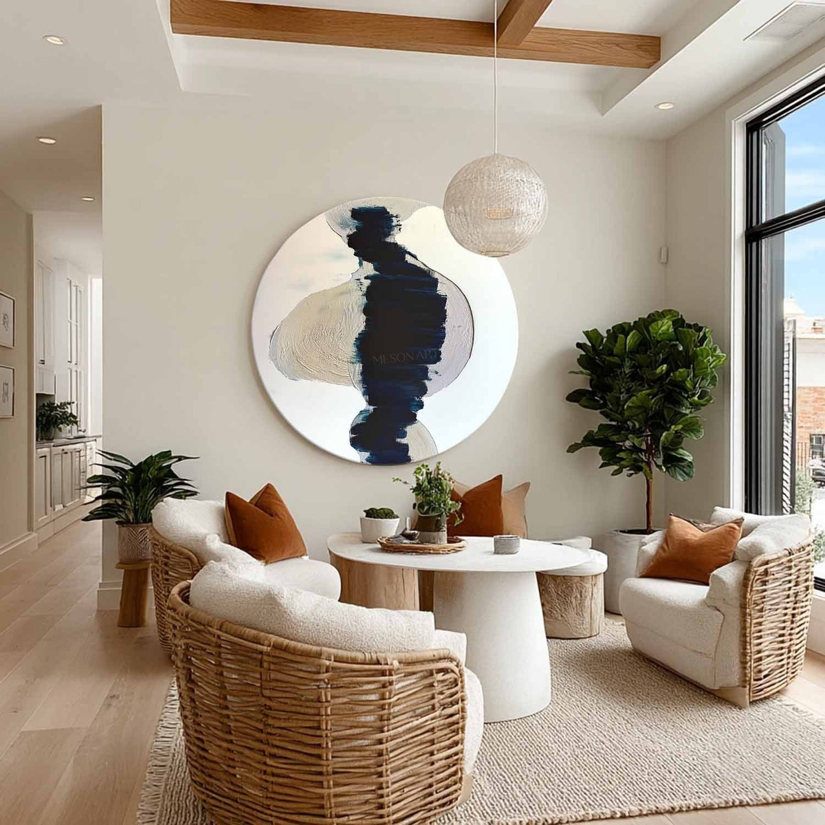 Wall Art Round Navy Beige Brushstroke