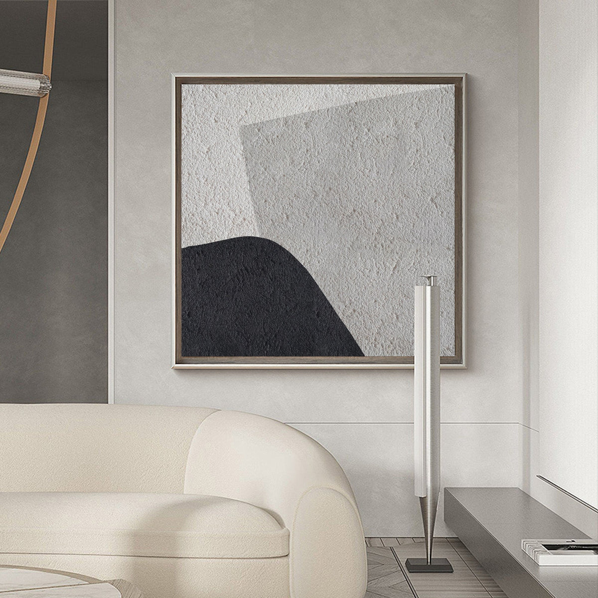 Grey‑Black‑Beige Square Abstract Curved‑Shape Coarse‑Textured Artwork