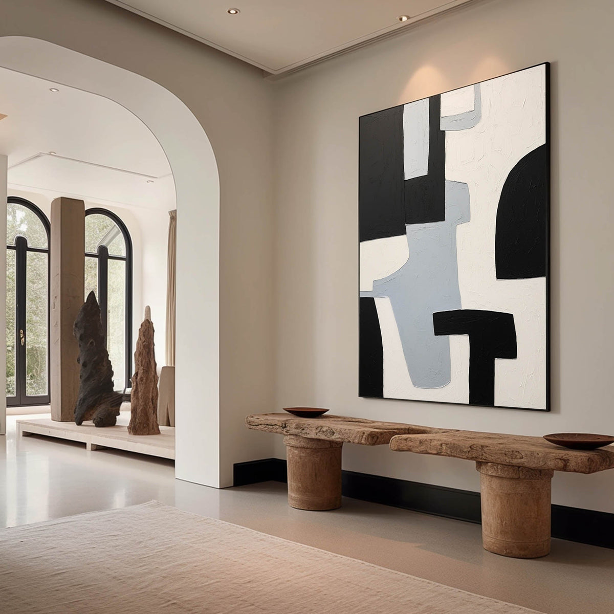 Minimalist White Grey Geometric Oil Painting
