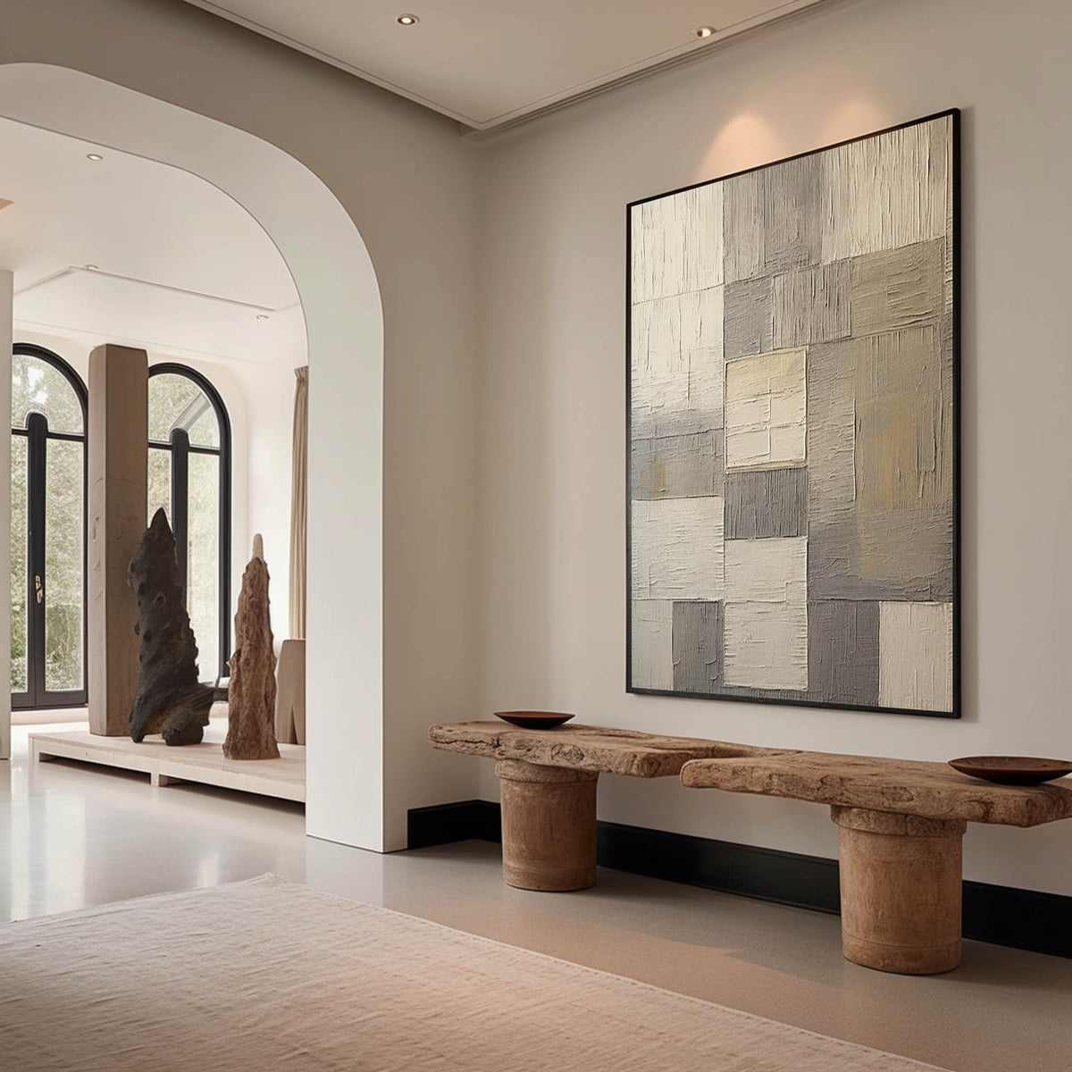 Neutral Geometric Abstract Bas-Relief Painting