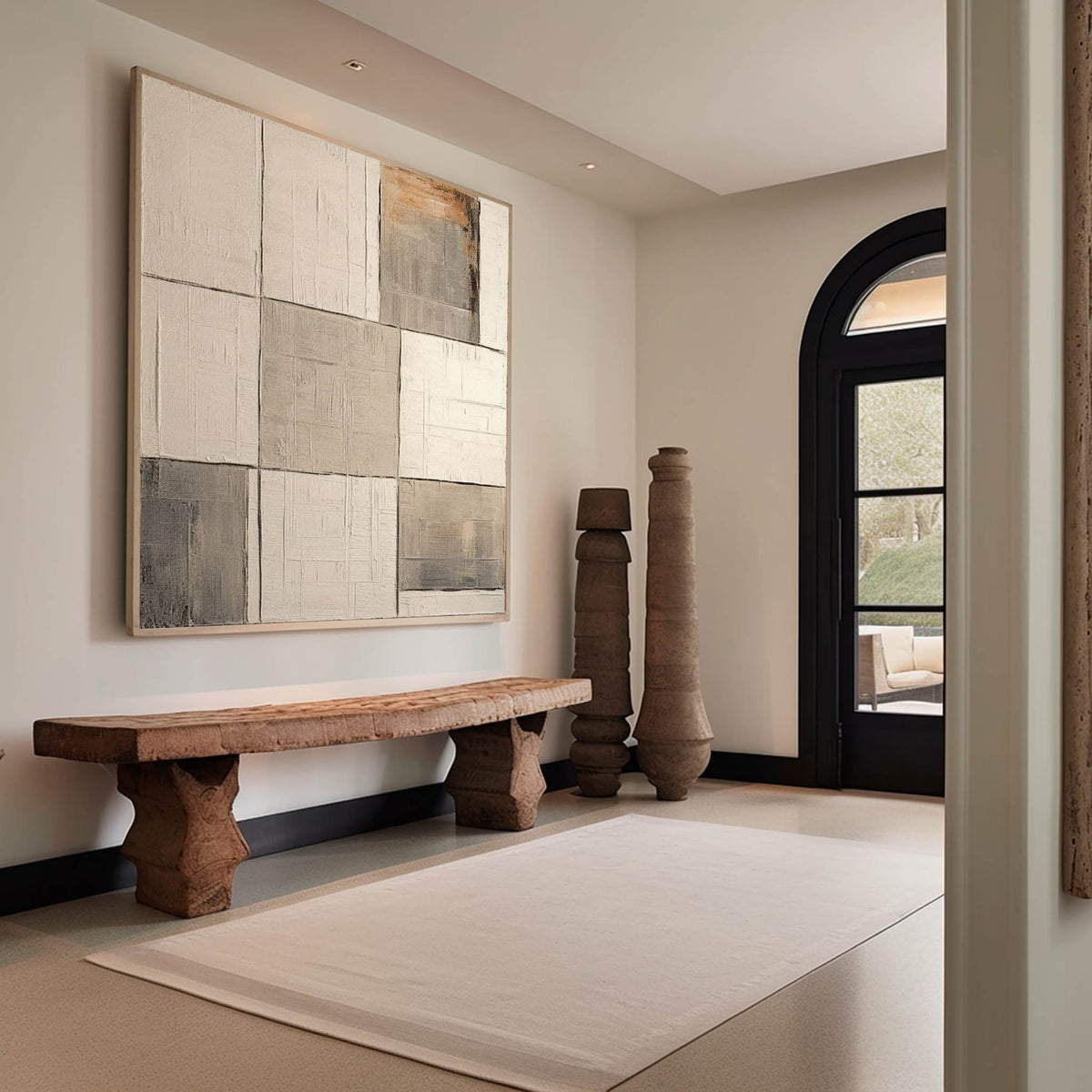 Wabi-Sabi Neutral Toned Textured Grid Block Oil Painting