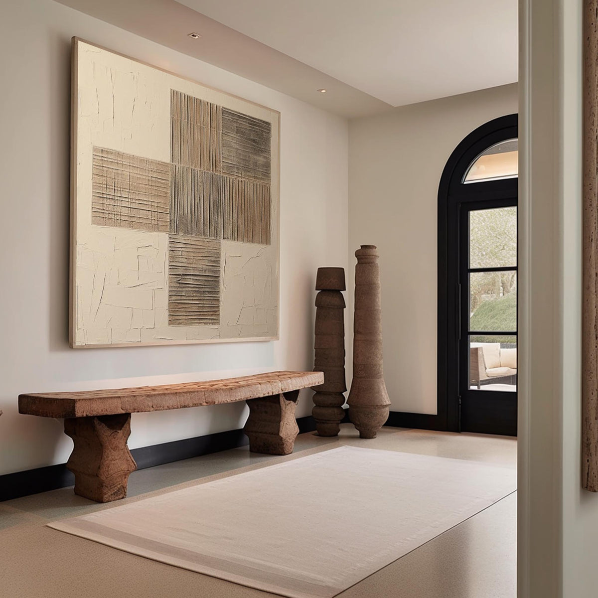Wabi-Sabi Neutral Toned Textured Grid Panel Oil Painting