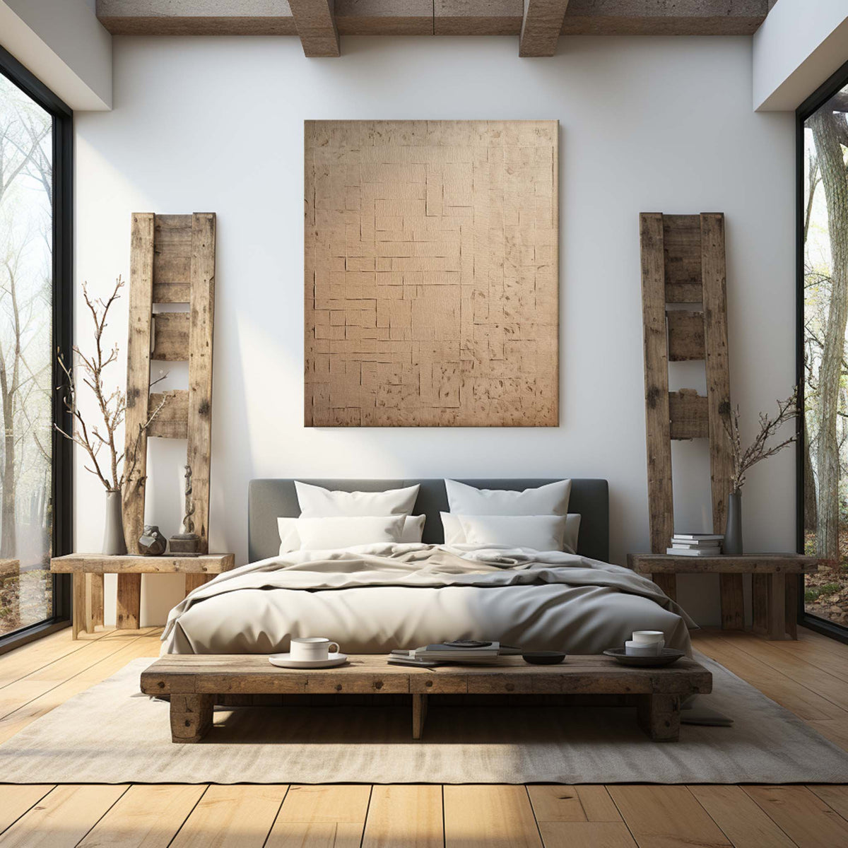 Light Brown Textured Geometric Patchwork Wall Art