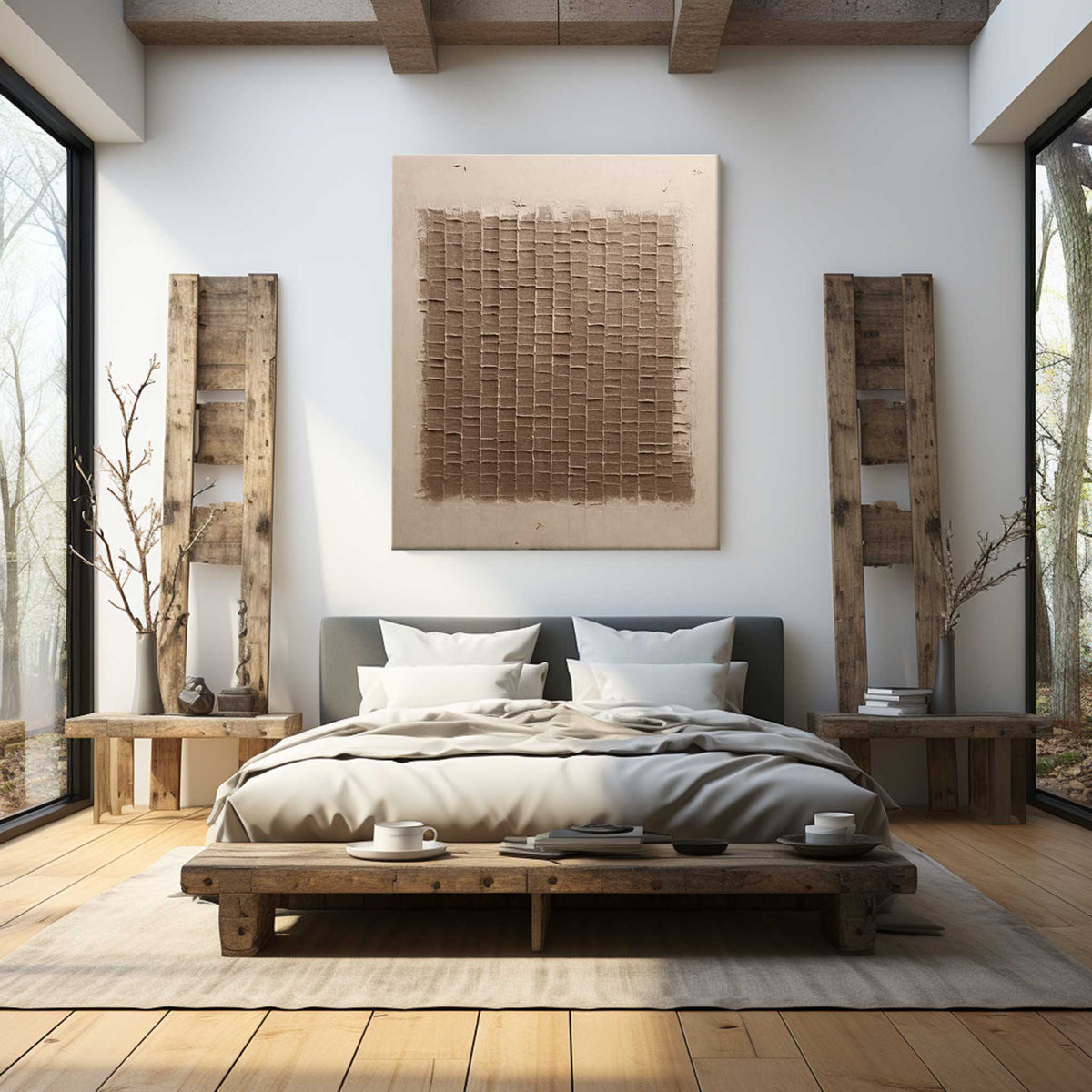 Minimalist 3D Textured Grid Painting Warm Brown Tone