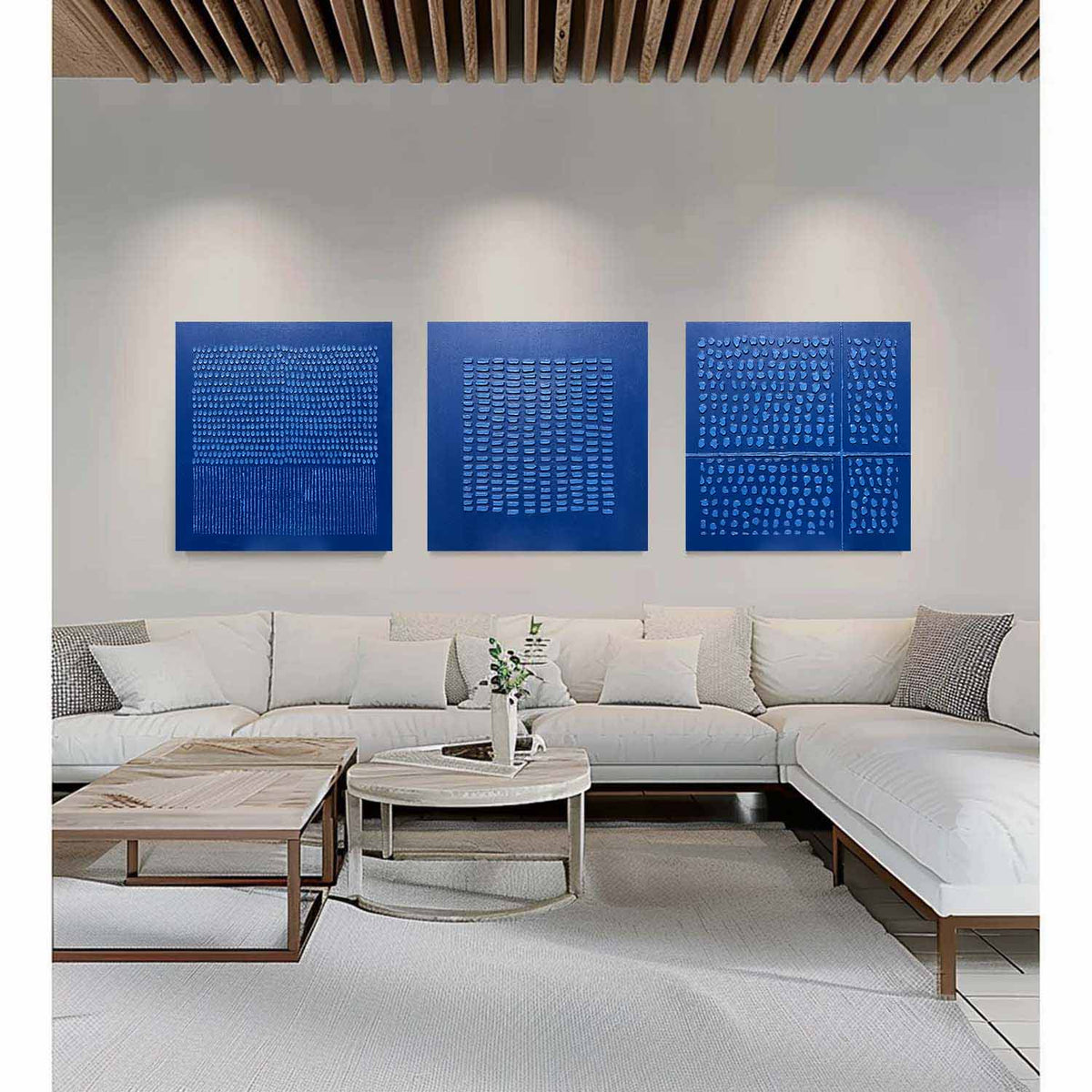 Wall Art Indigo Textured Triptych Oil Painting