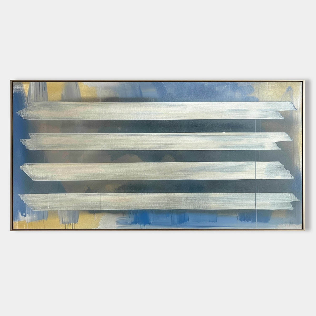 Silver Stripes Abstract Oil Painting Blue Gold