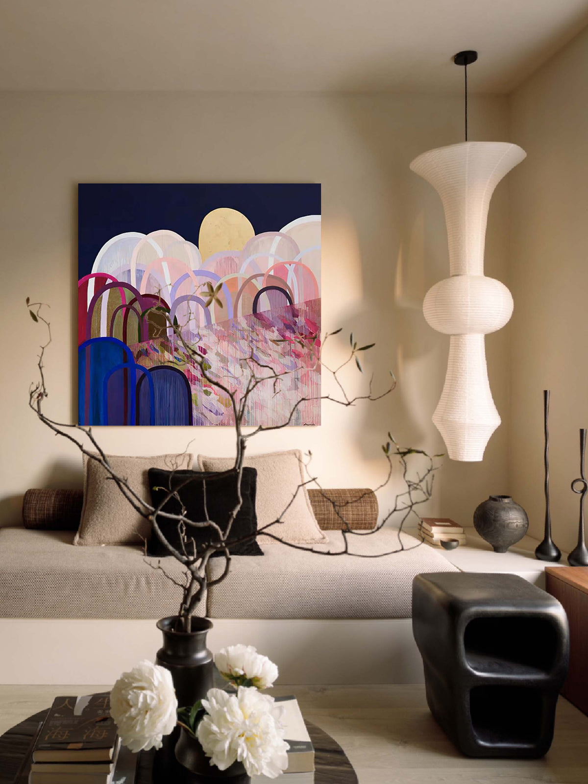 Abstract Landscape Oil Painting Arches Moon