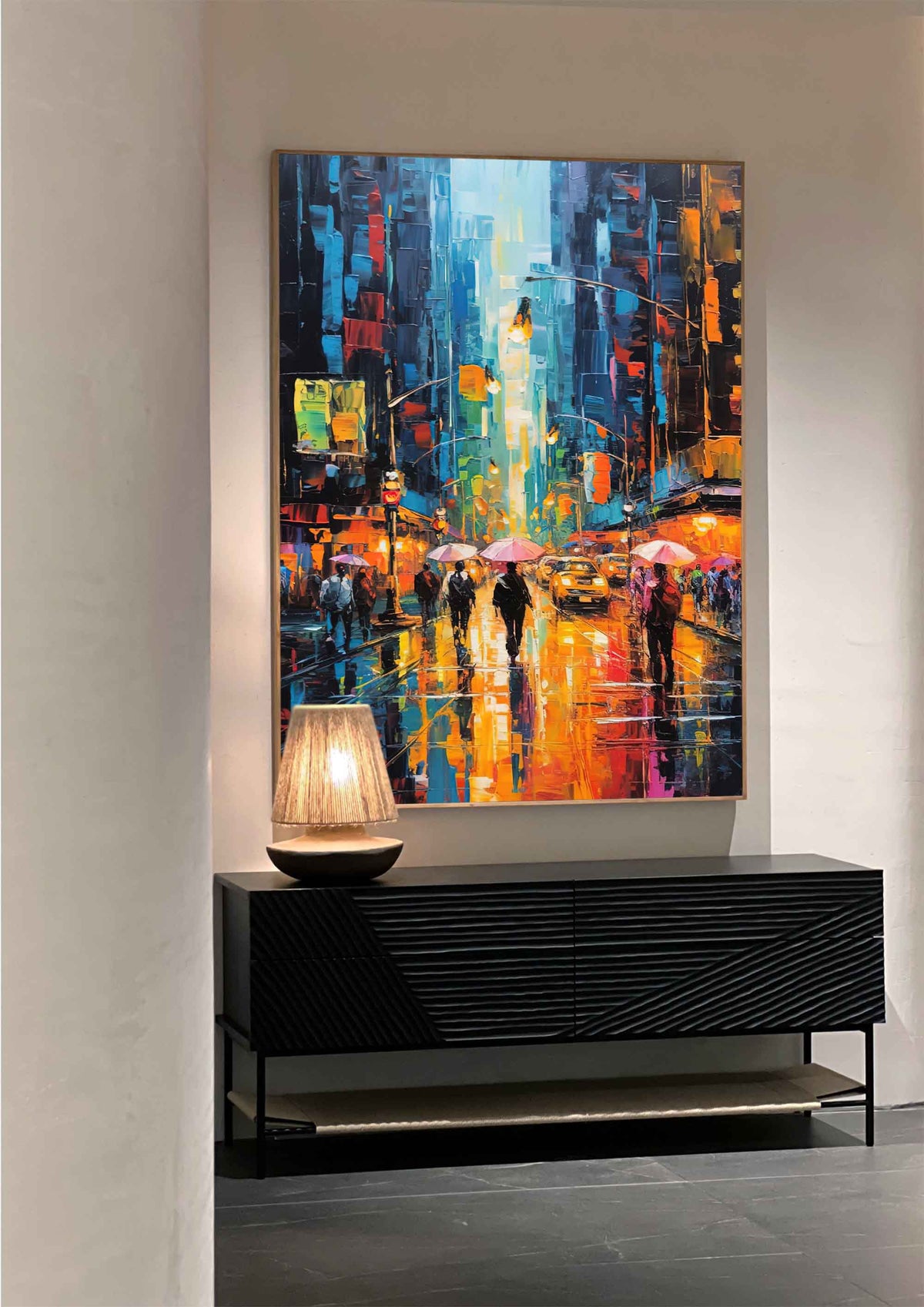 Impasto Cityscape Painting Vibrant Urban Rain