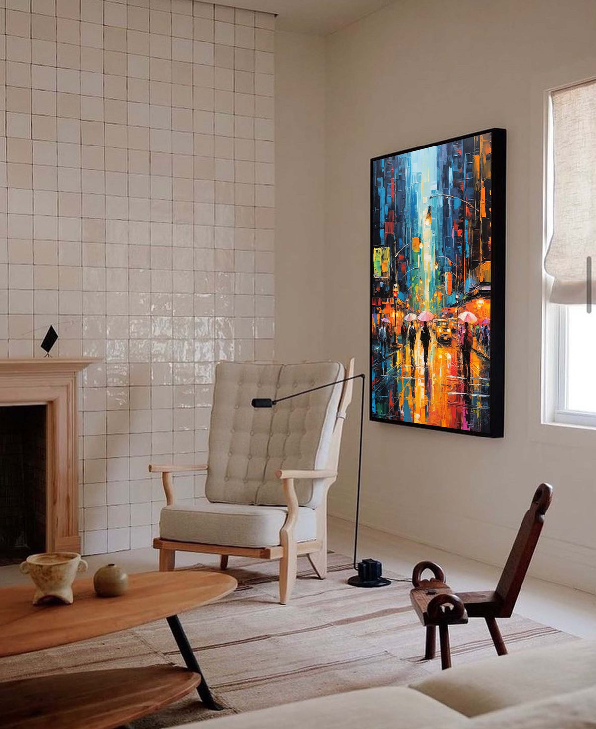 Impasto Cityscape Painting Vibrant Urban Rain