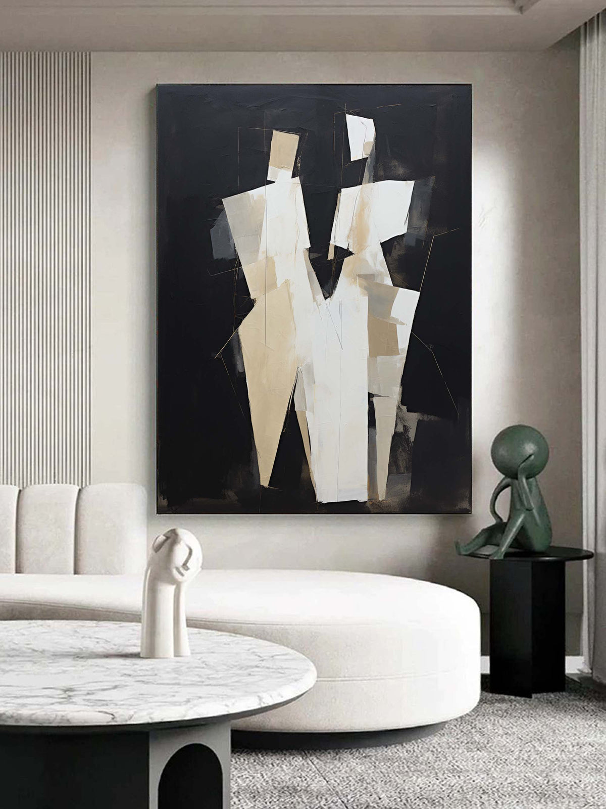 Cubist Style Couple Figure Oil Painting Black Beige