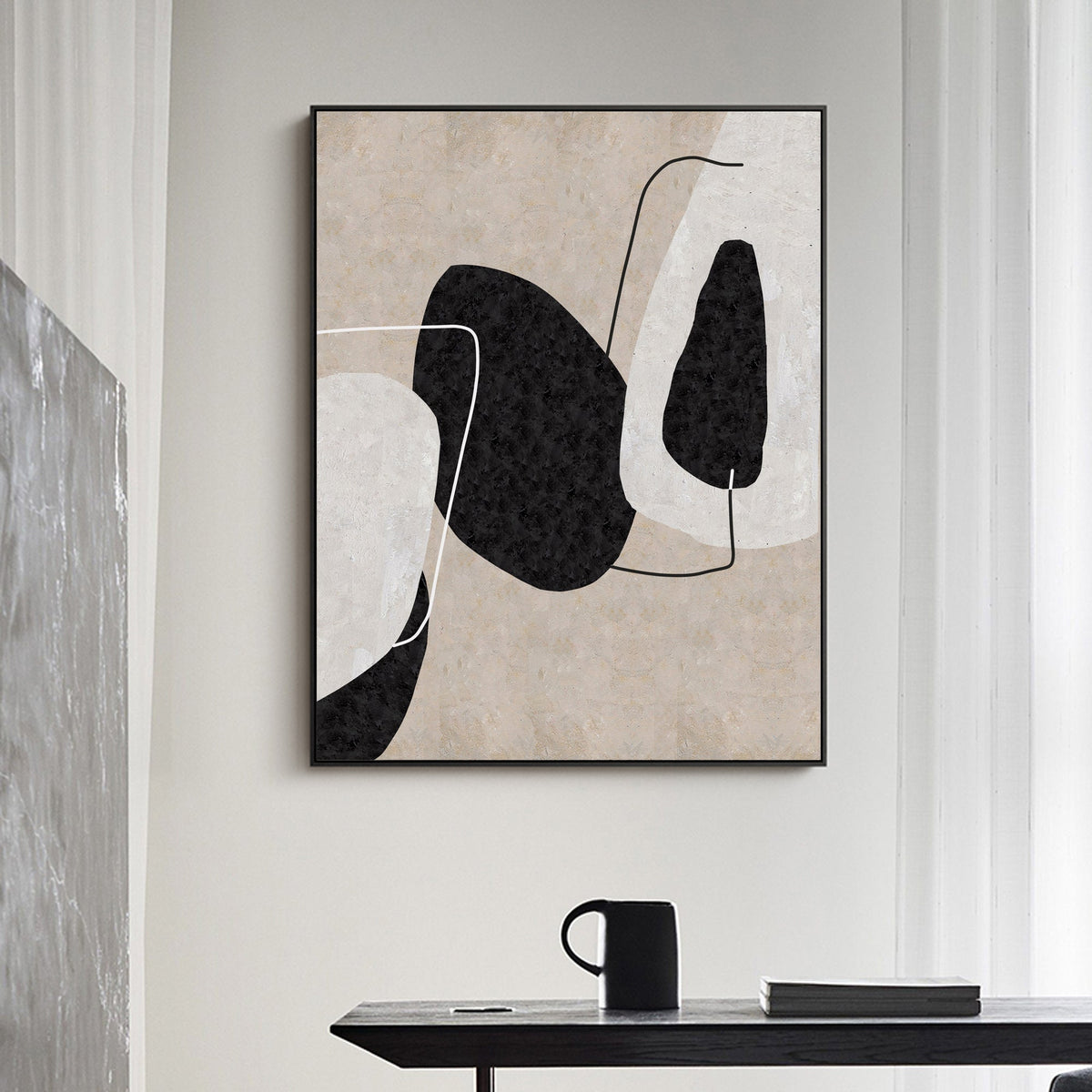 Minimalist Black Beige Abstract Oil Painting