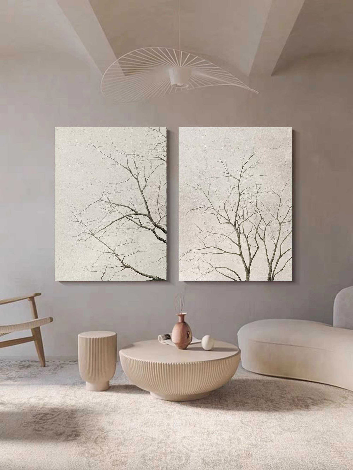 Set Of 2 Neutral Bare Tree Diptych Painting Textured