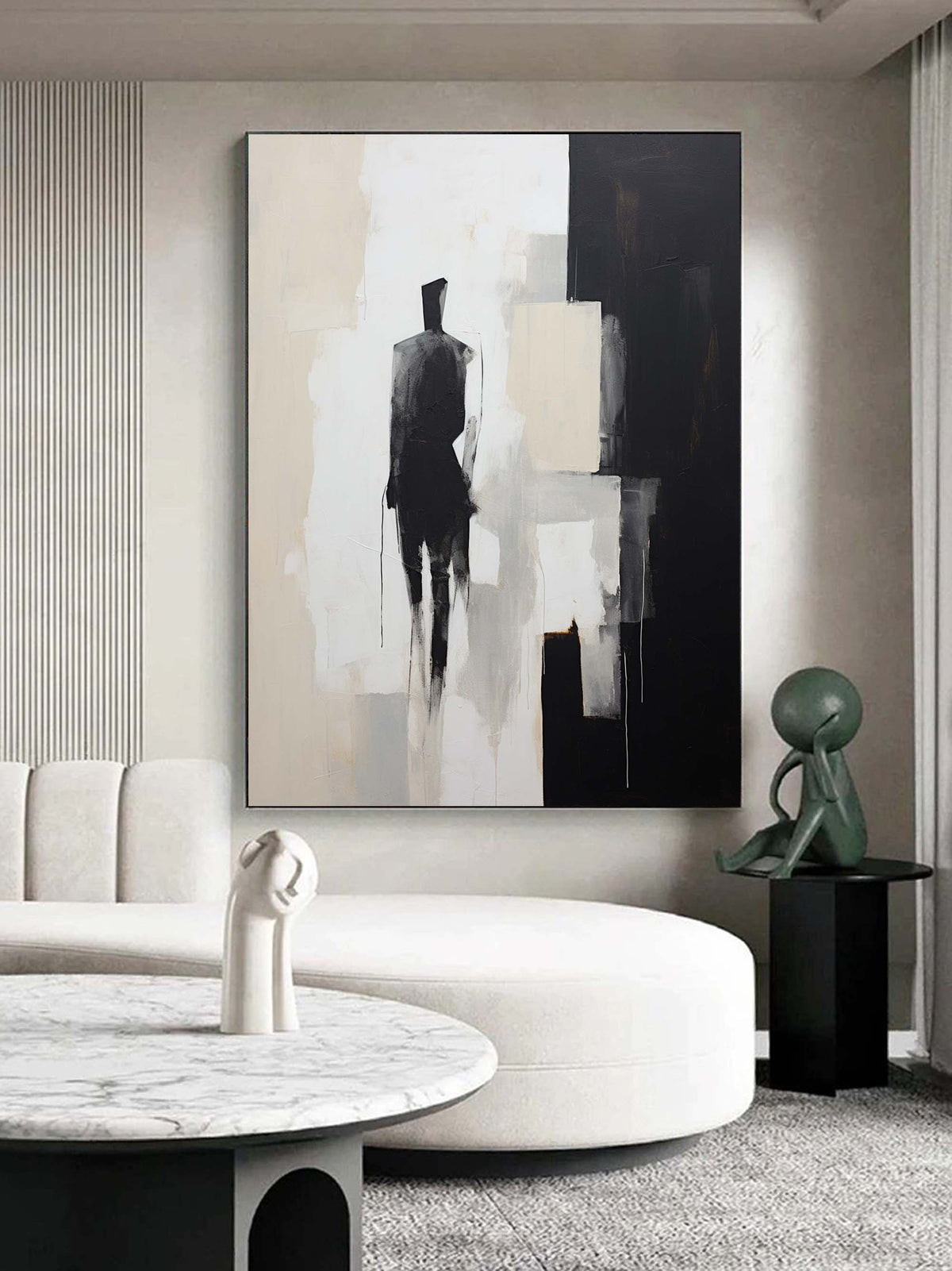 Minimalist Solitary Figure Oil Painting Black Beige Wall Art