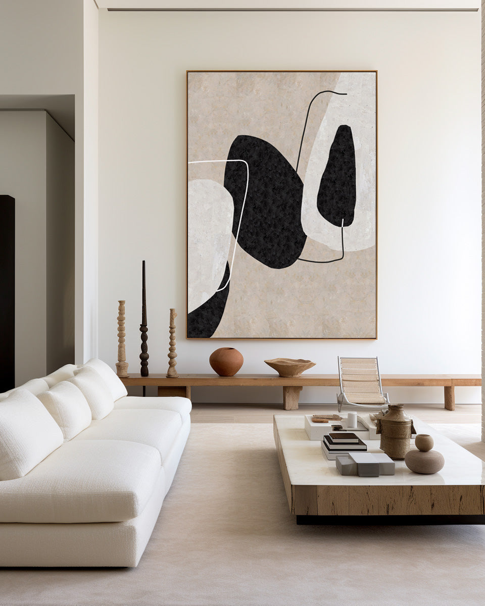 Minimalist Black Beige Abstract Oil Painting