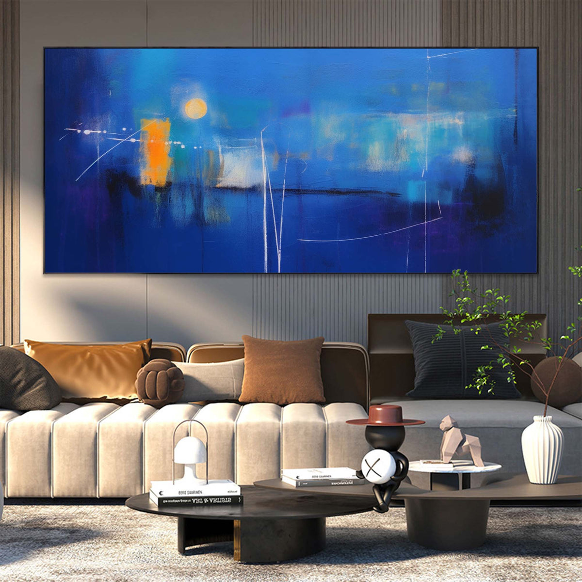 Expressionist Panoramic Twilight Painting Deep Blue