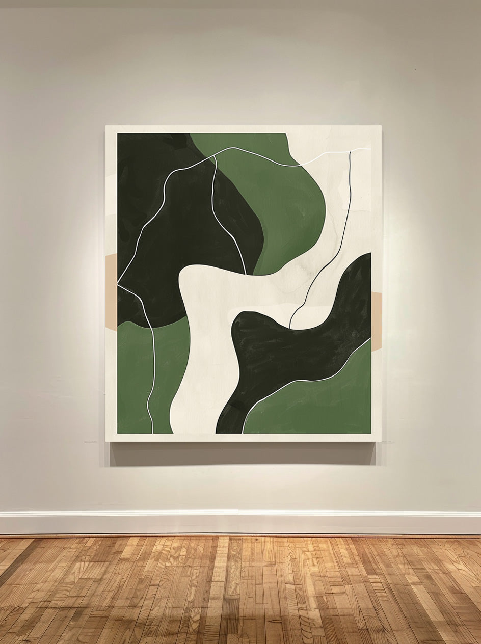 Green‑Beige‑Black Curved Contour Abstract  Layered Impasto Textured Artwork