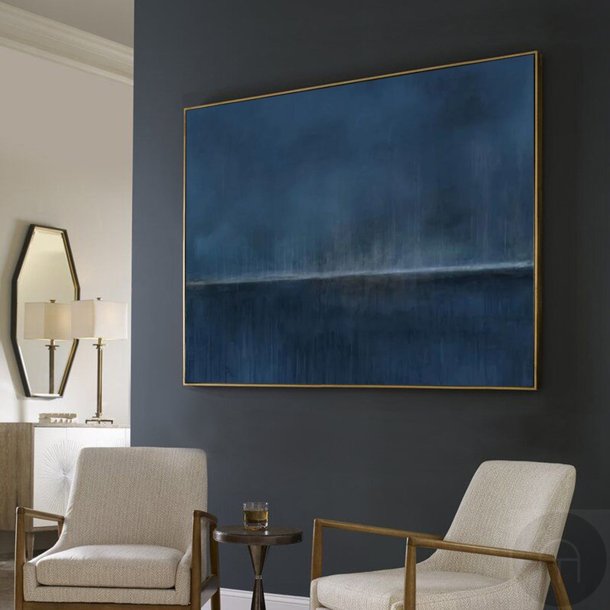 Wall Art Dark Blue Horizon Seascape Minimalist Textured Canvas Living Room