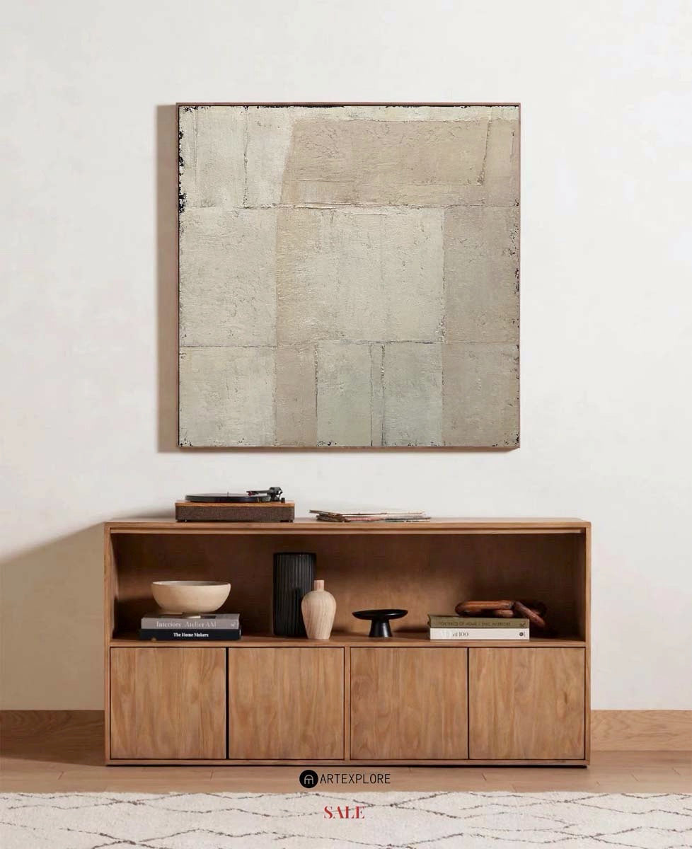 Beige‑Cream Patch‑Block Square Abstract  Thick Tactile‑Texture Artwork