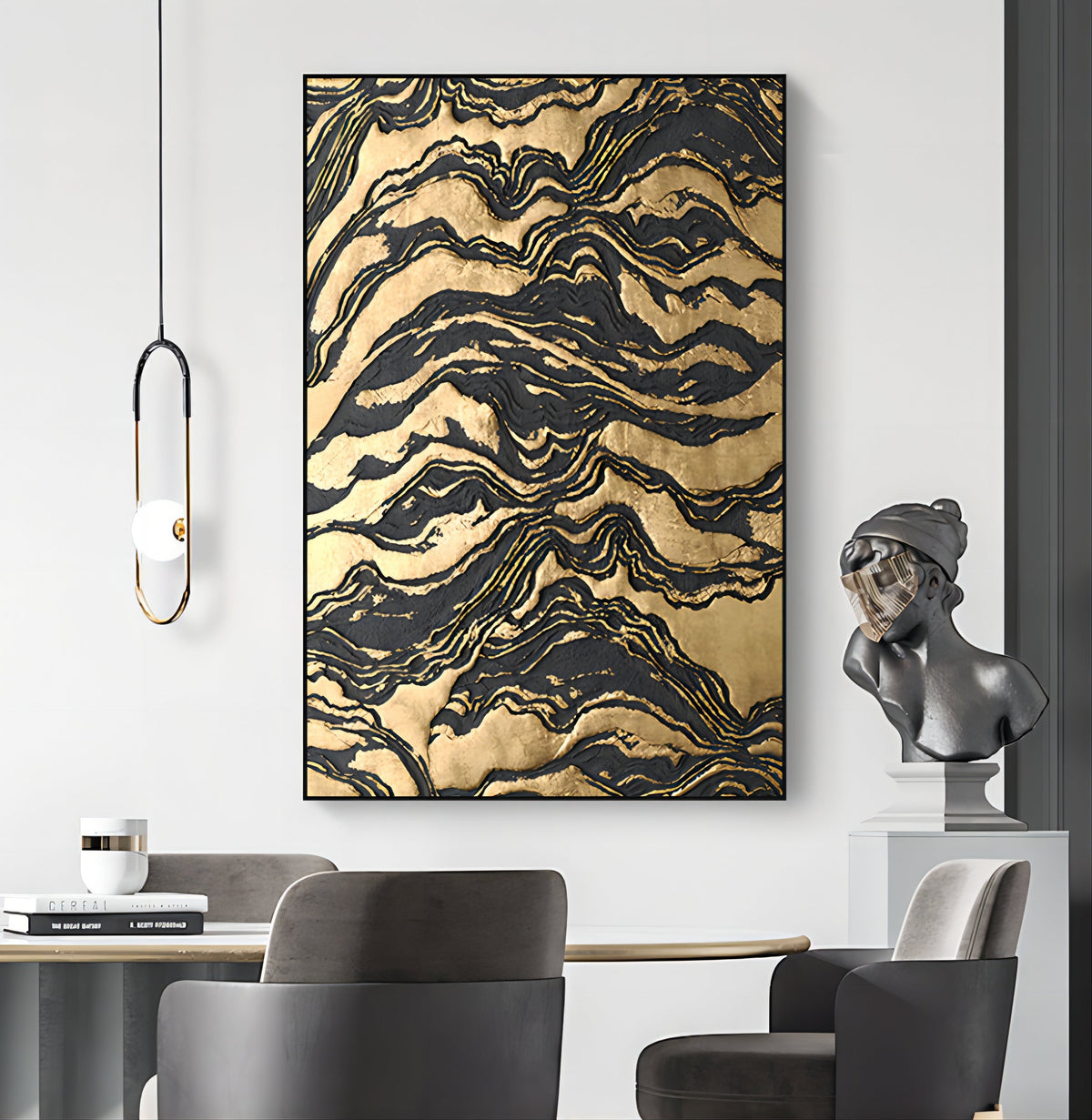 Wall Art Textured Gold Black Abstract Wavy