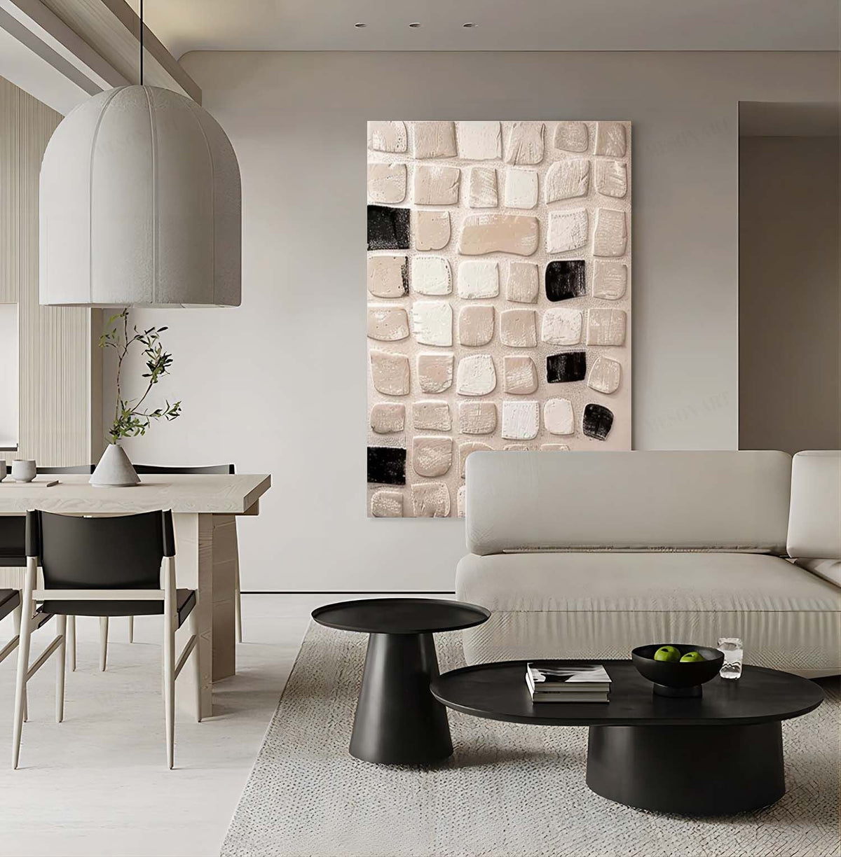 Neutral Textured 3D Patchwork Oil Painting Black Framed