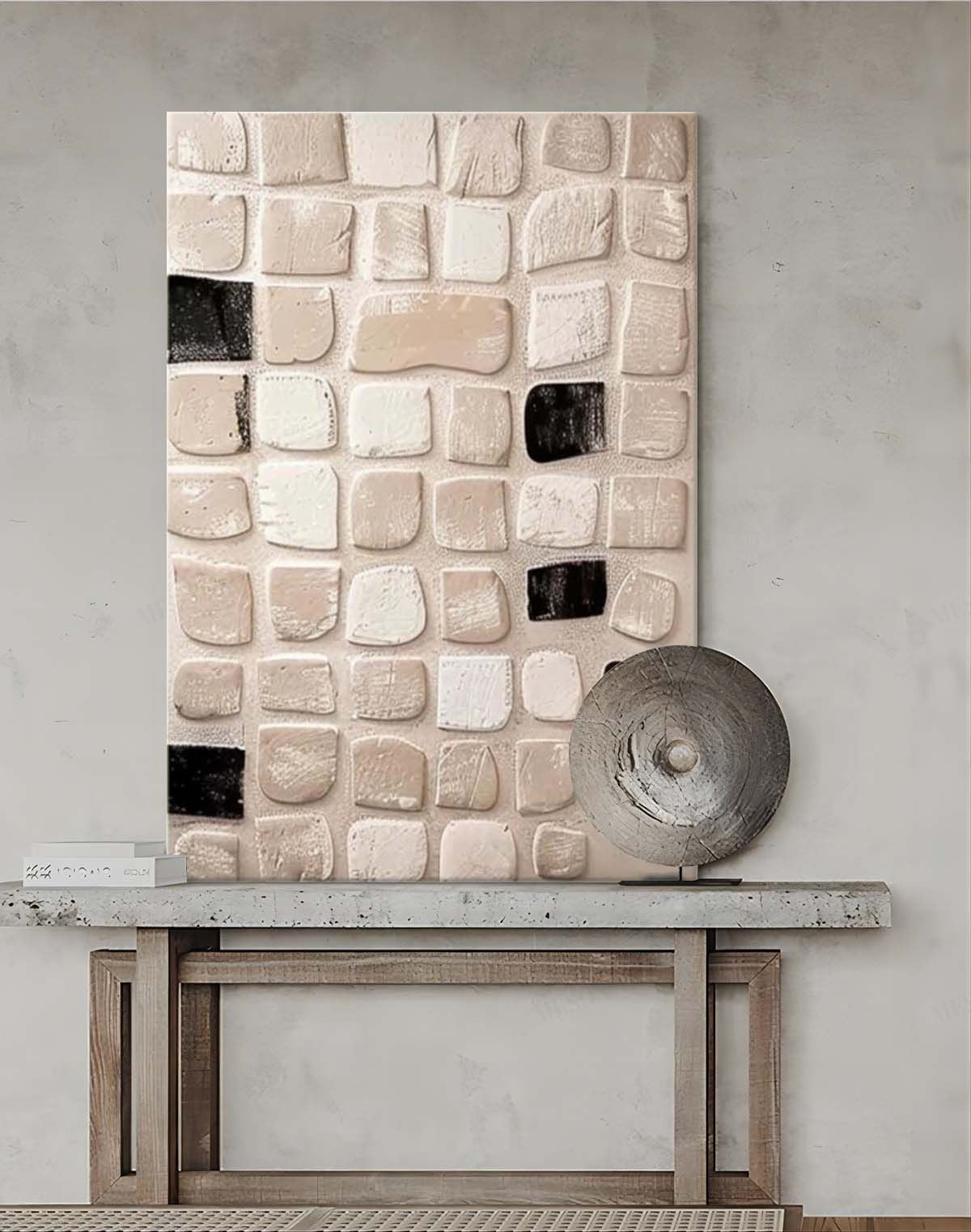 Neutral Textured 3D Patchwork Oil Painting Black Framed