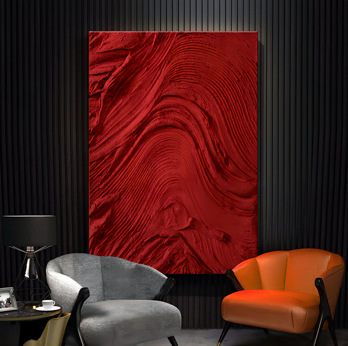 Vibrant Red Wave Texture Oil Painting