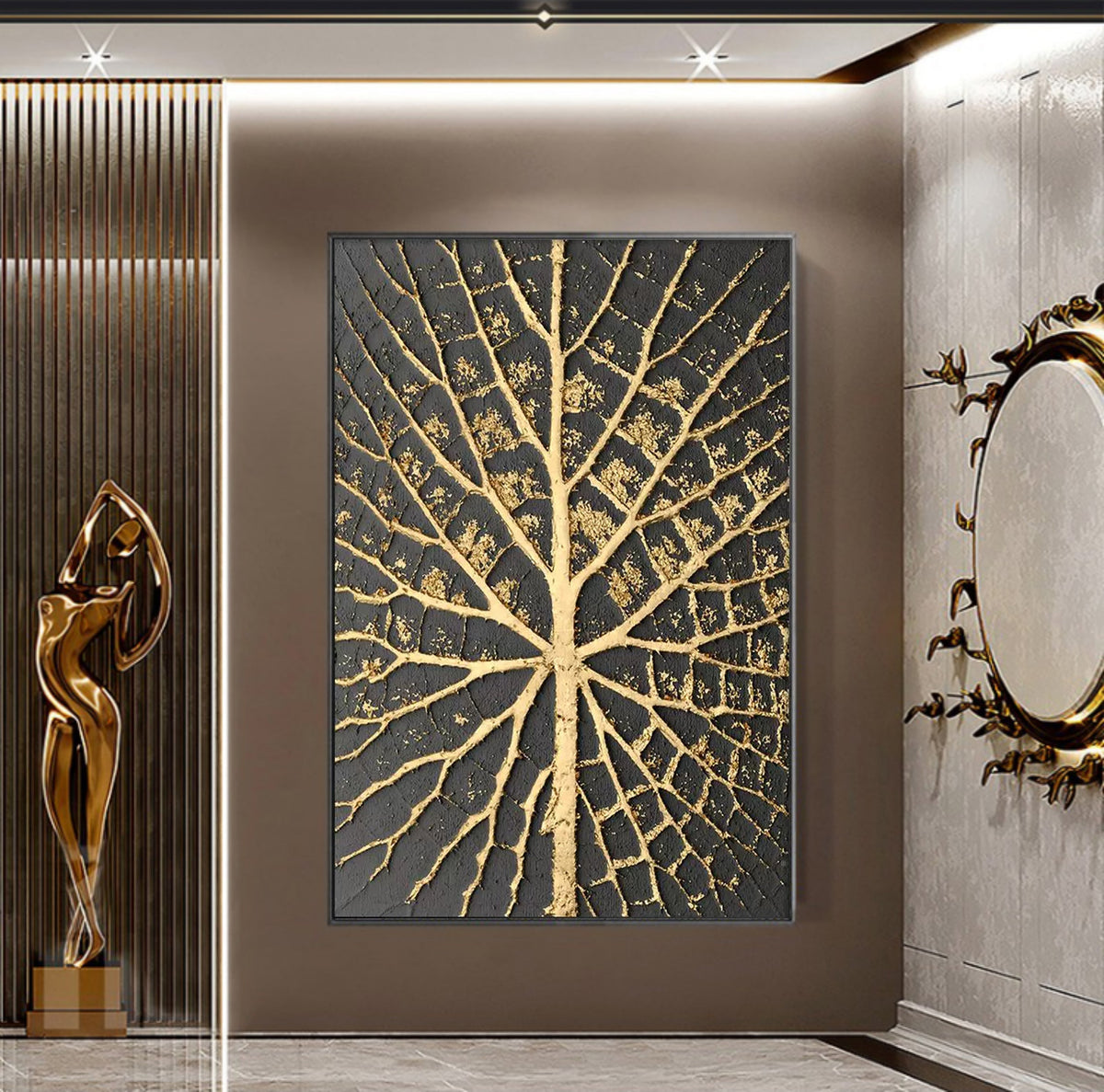 Plaster Art Black And Gold Leaf Vein Textured Painting